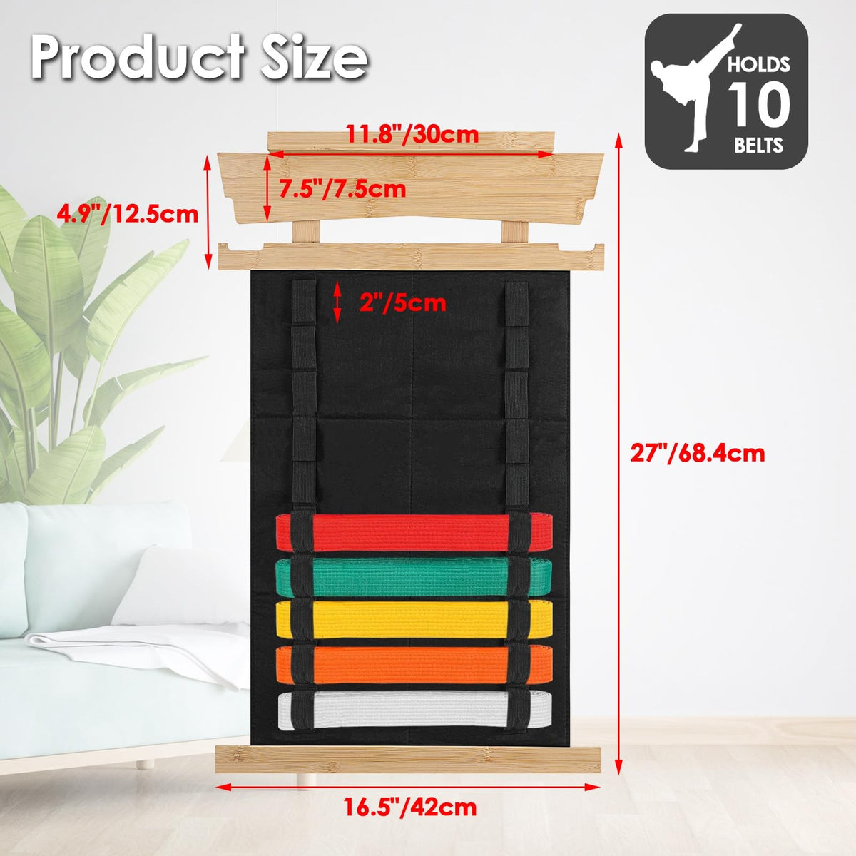 Karate Belt Display Rack with Trophy Holder and Personalized Stickers - Wooden