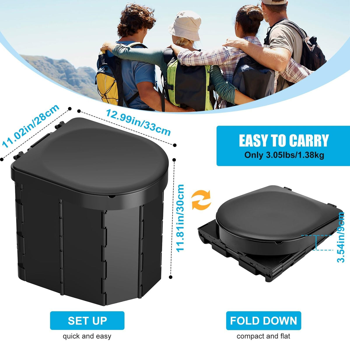 Foldable Portable Camping Toilet with Lid and Retractable Toilet Paper Holder