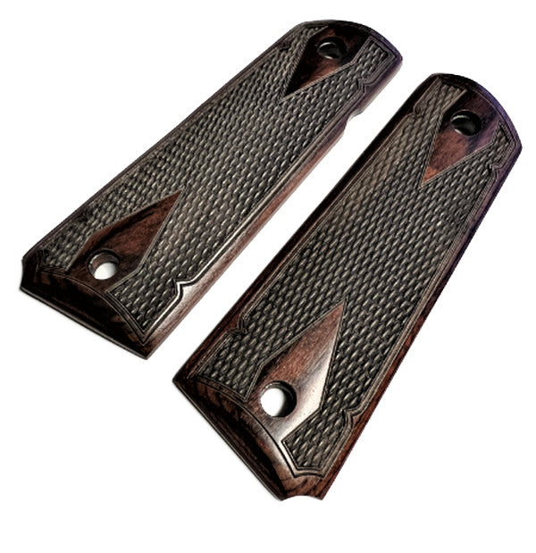 Full Size 1911 Checkered Rosewood Grips with Gold Screws - Fits Colt Kimber