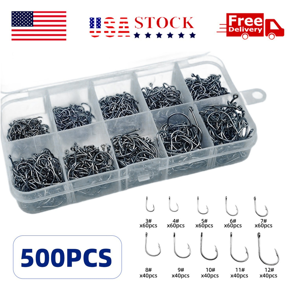 500 Pcs Fish Hooks Set - 10 Sizes Sharpened Fishing Hooks in Storage Box