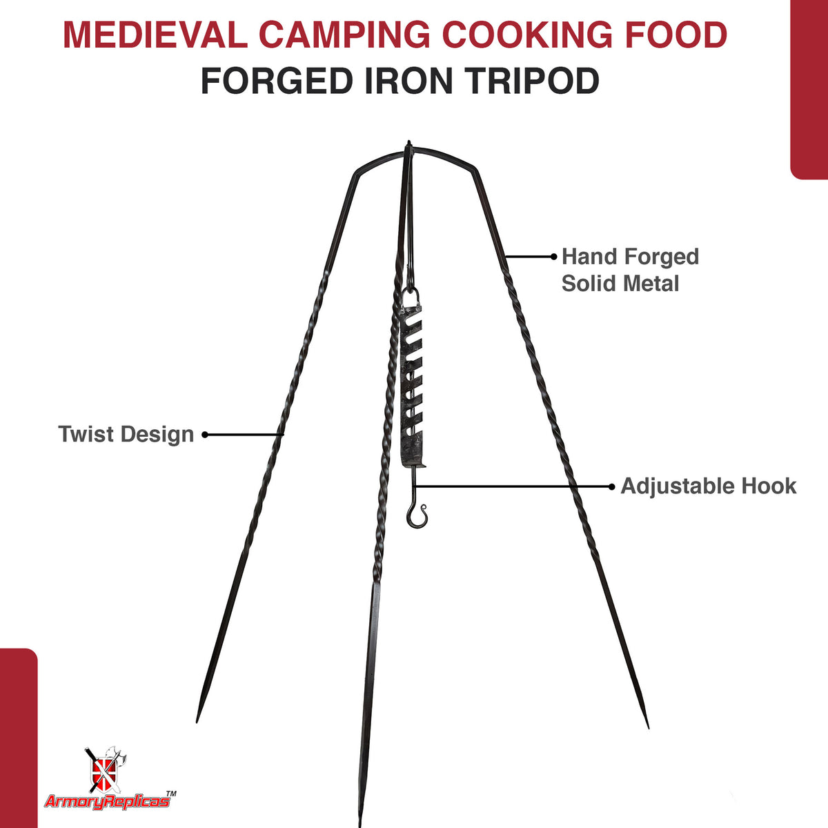 Outdoor Camping Tripod with Adjustable Iron Pot Hook 56.5 Inch