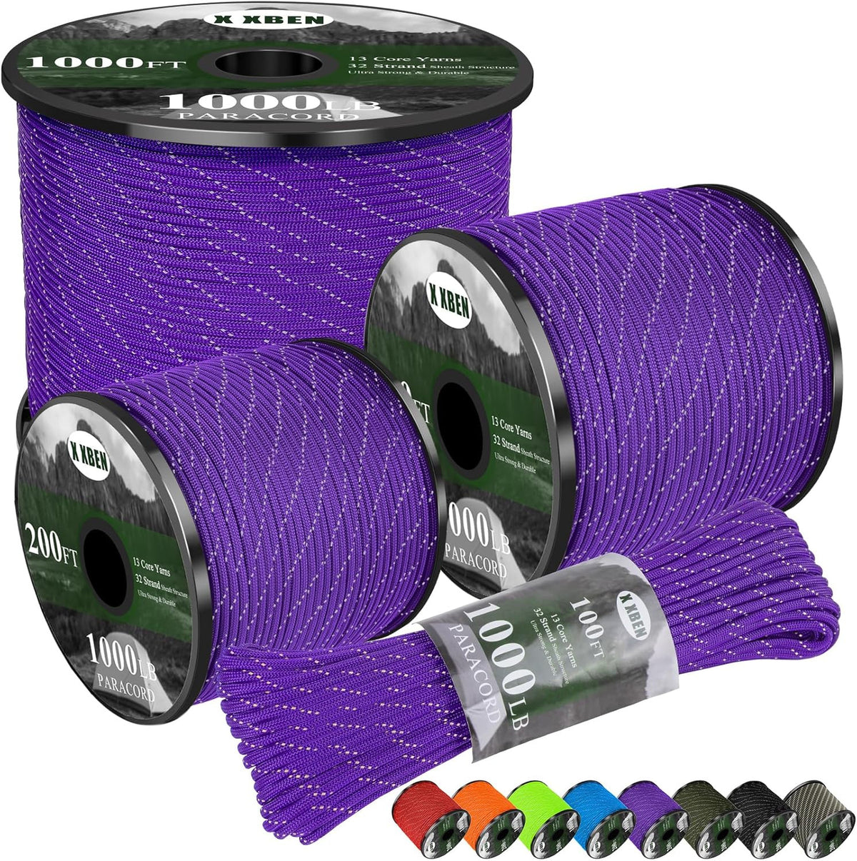 Reflective Paracord 1000Lb Rope for Camping & Survival, 50/100/200/500/1000Ft, 4mm Diameter, 13 Strand Heavy Duty Tangle-Free Spool