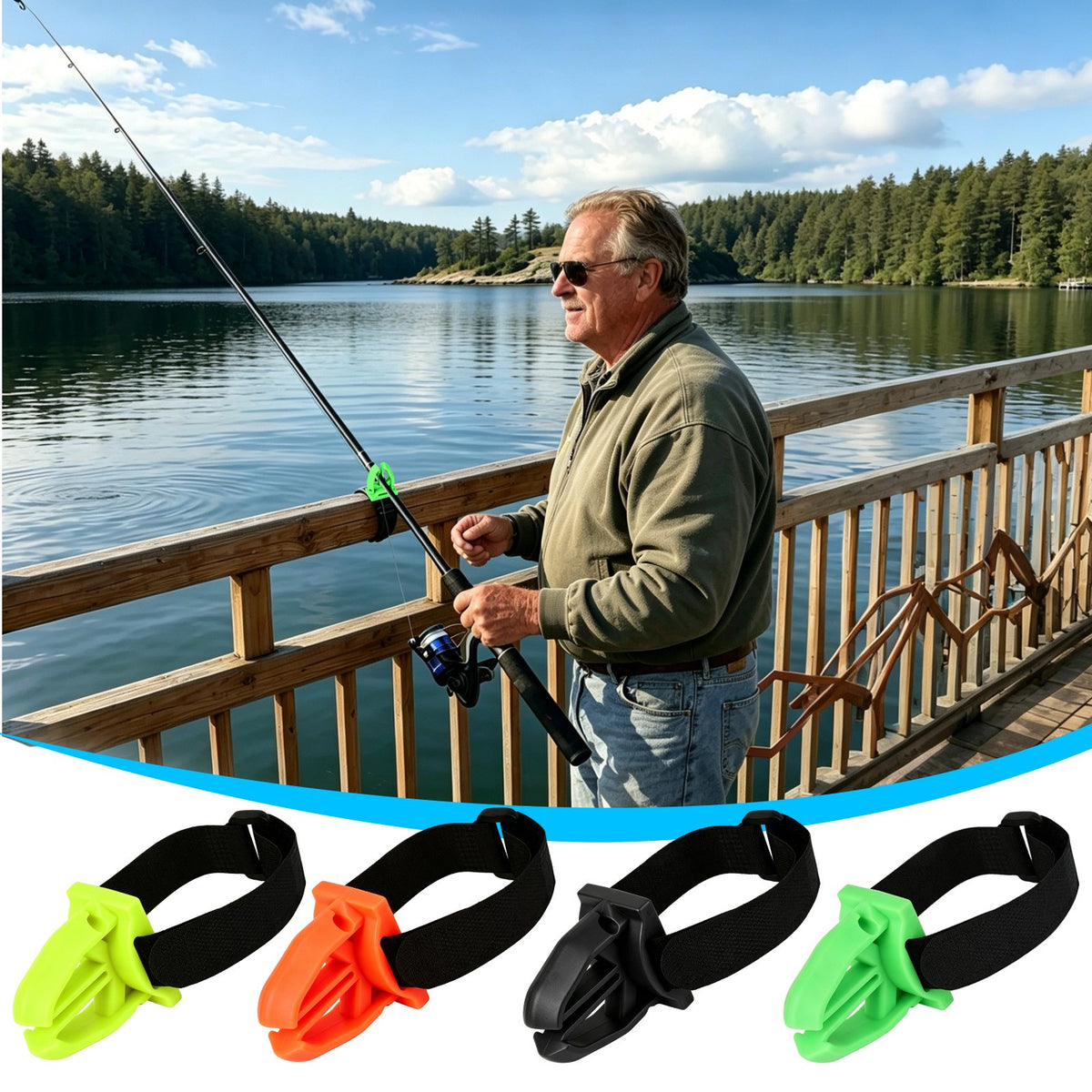 Fishing Rod Holder Rail Mount Clips Adjustable Silicone Straps Set of 4