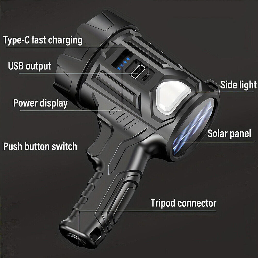 9000000LM Solar & USB Rechargeable LED Spotlight Flashlight