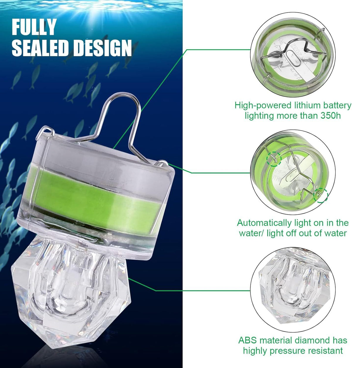 LED Underwater Fishing Bait Light - Deep Drop Green Fish Attractor 10 Pack