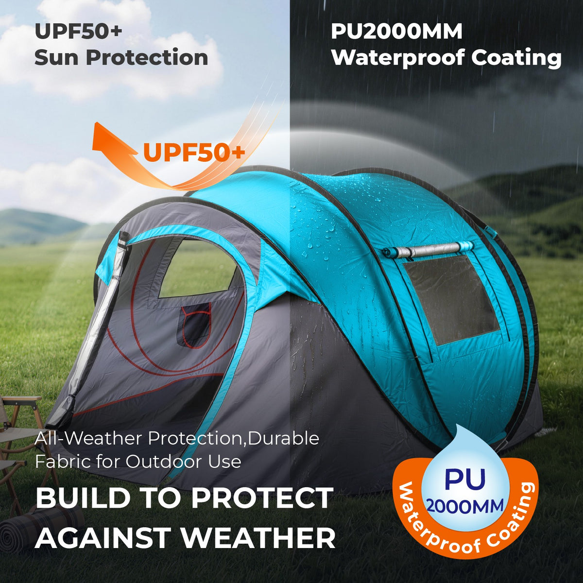 3-4 Person Pop Up Camping Tent Waterproof Instant Setup with Front Awning