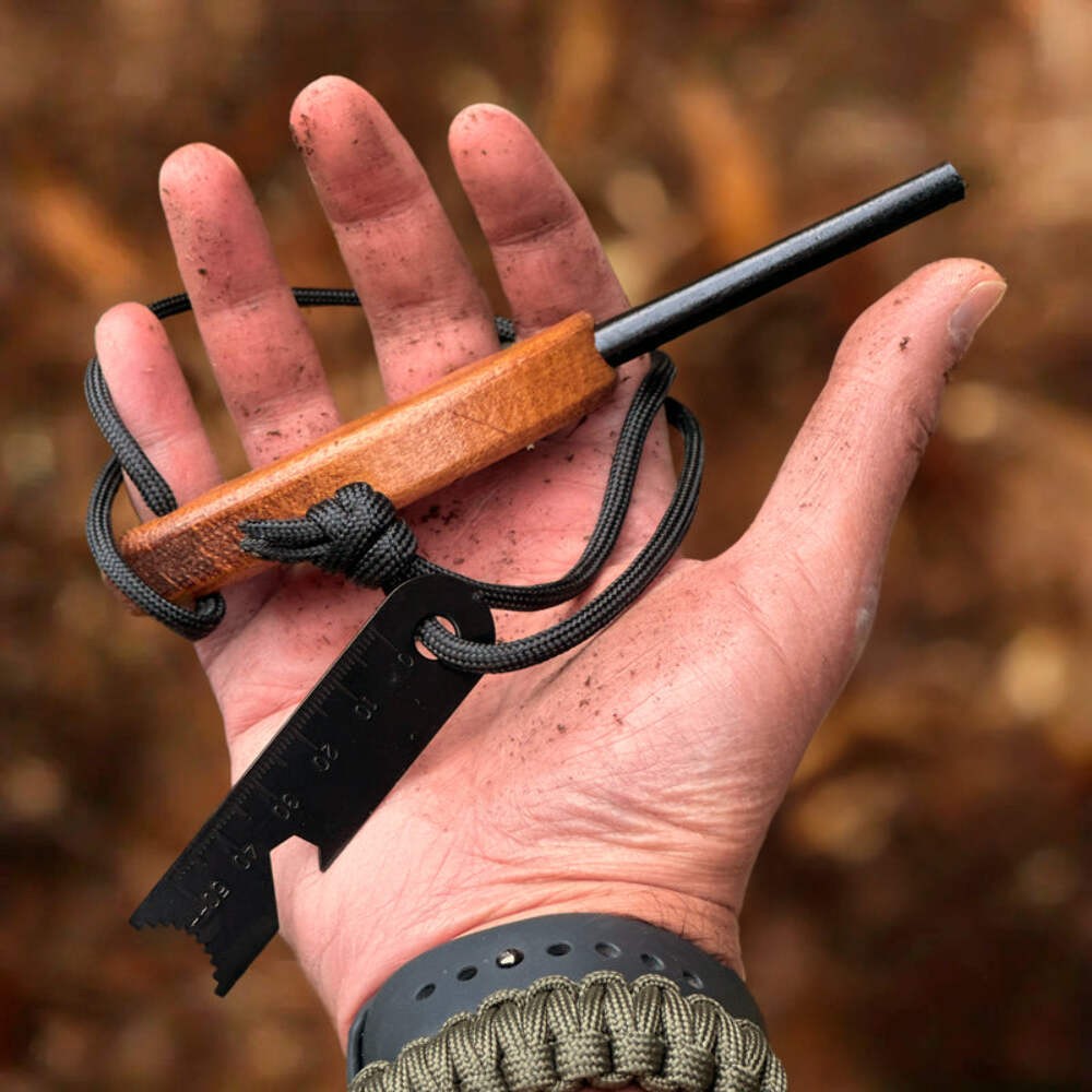 Ferro Rod Fire Starter Kit with Wooden Handle, Fatwood & Burlap Bag