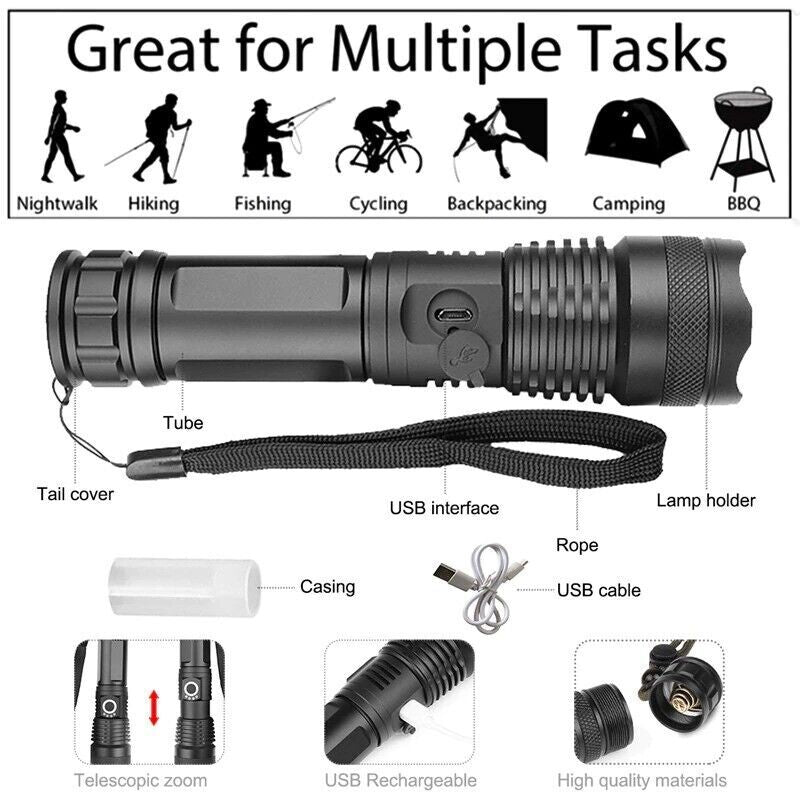 Super-Bright 90000LM LED Tactical Flashlight with Rechargeable Battery