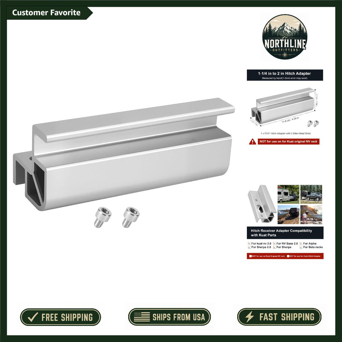 Durable Aluminum Kuat Hitch Adapter 1.25 to 2 Inch for Effortless