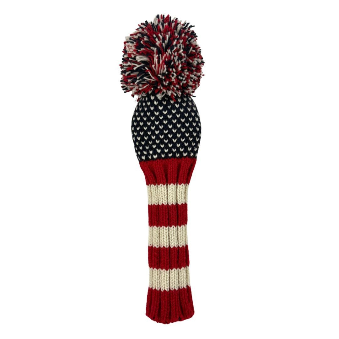 Hand Knit Wool Golf Headcover for Drivers Up to 460cc - Red, White & Blue Chevron