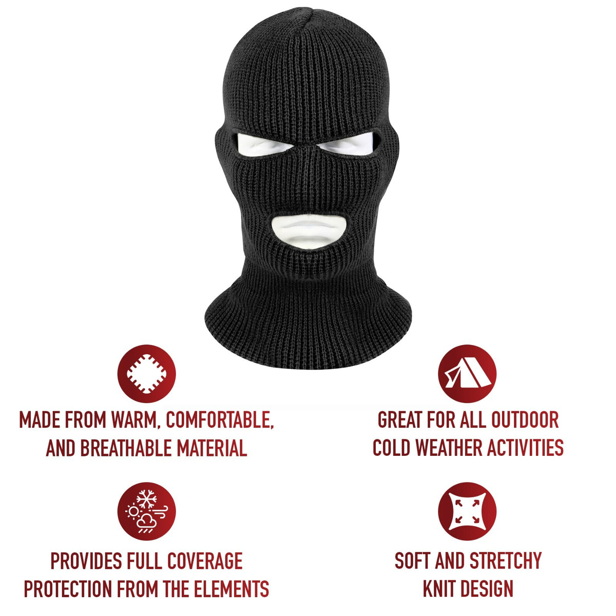 3 Hole Acrylic Ski Mask Face Mask & Winter Balaclava Hood - Made in USA