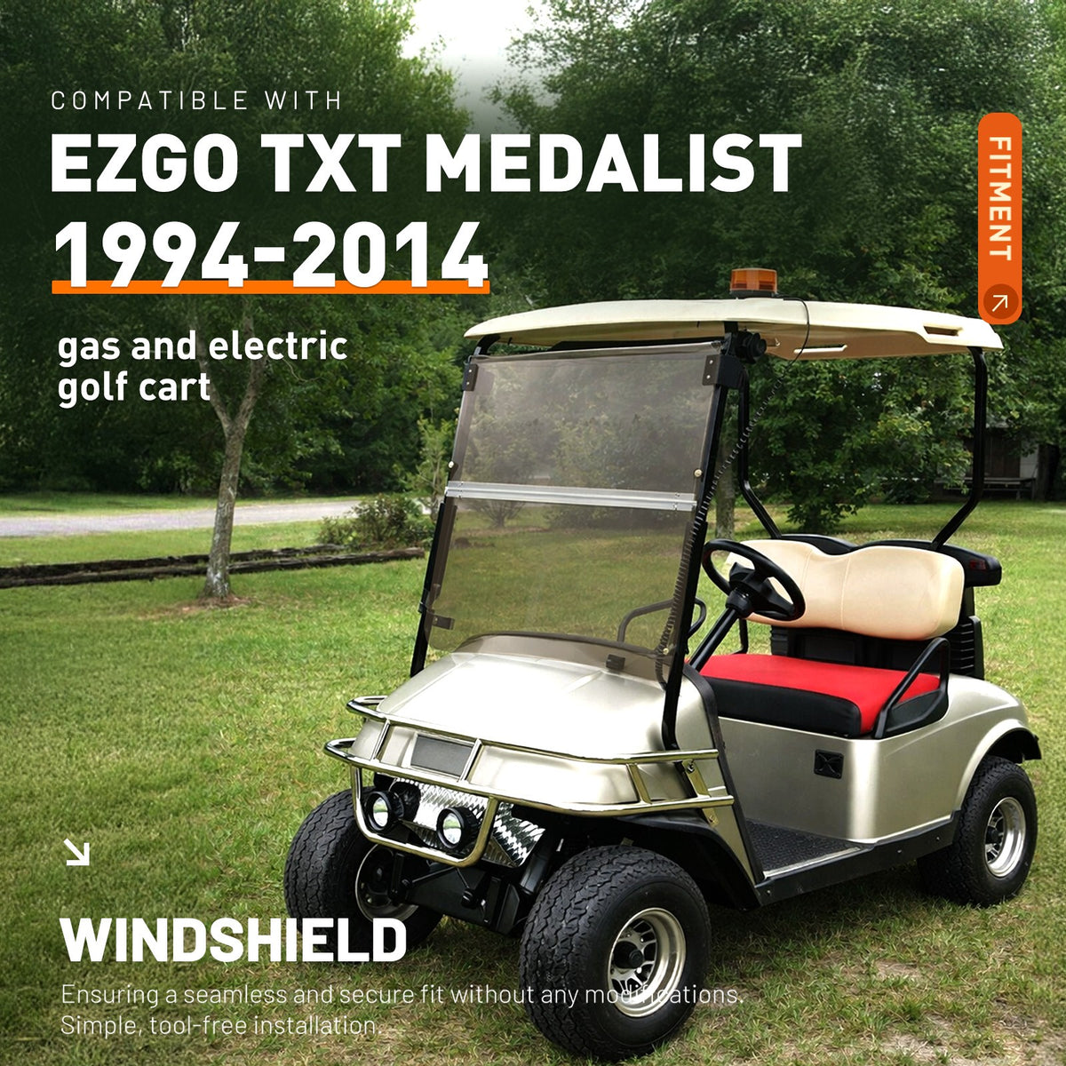 Foldable Tinted Windshield for EZGO TXT Golf Cart 1994-2014 Impact-Resistant