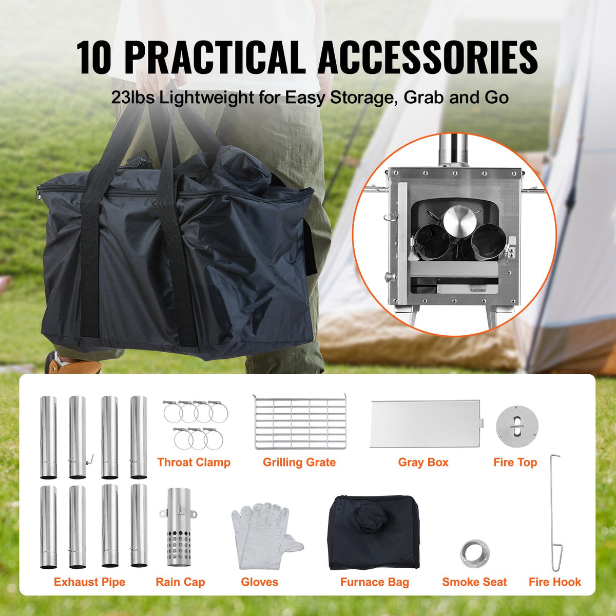 Portable Wood Stove for Camping Tent with Pipe - Stainless Steel