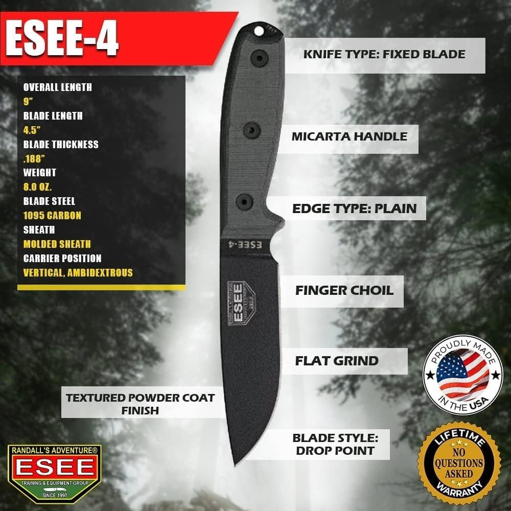 Fixed Blade Hunting & Survival Knife 4.5in 1095 Steel Micarta Handle USA Sheath
