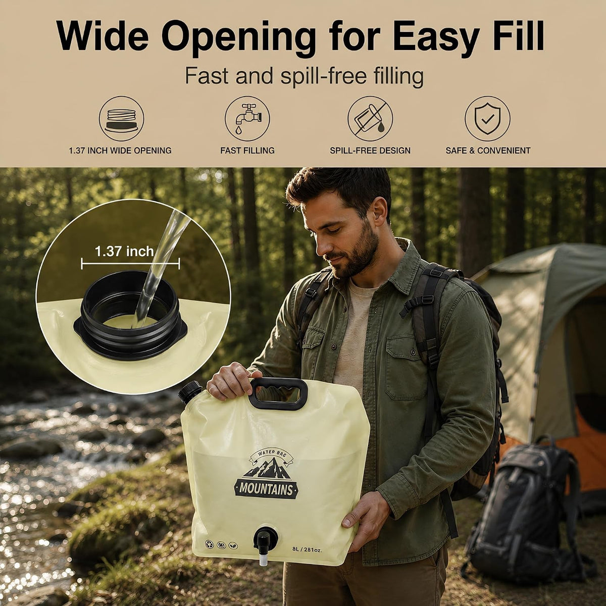 2 Gallon Collapsible Water Container with Spigot for Camping Hiking Portable Leakproof