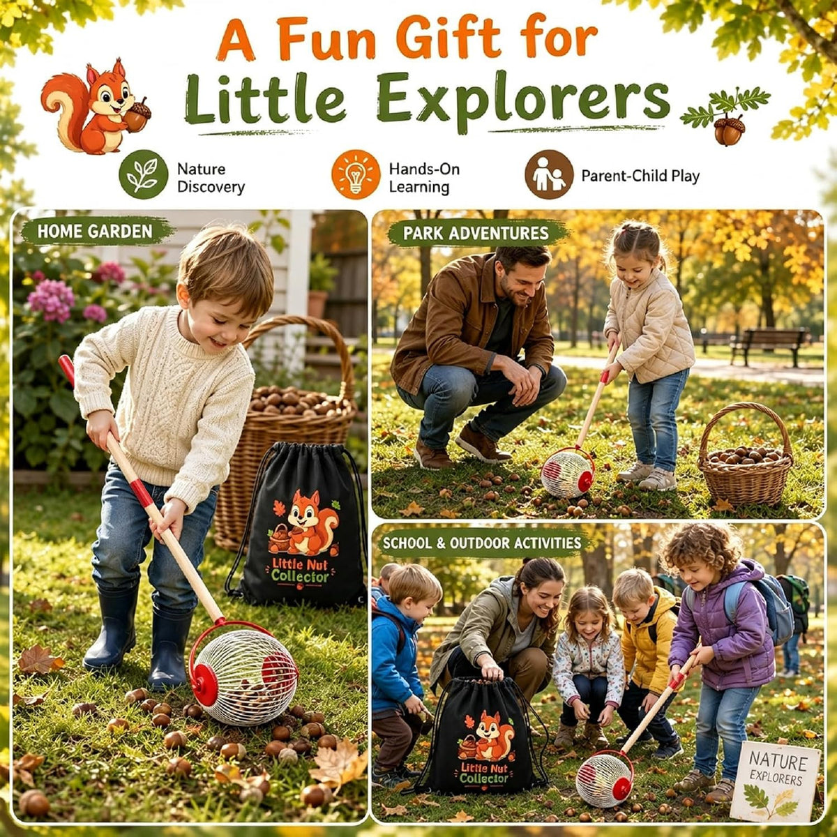 Kids Nut Gatherer Set - Acorn Picker Roller with Storage Bag for Fall Yard Cleanup