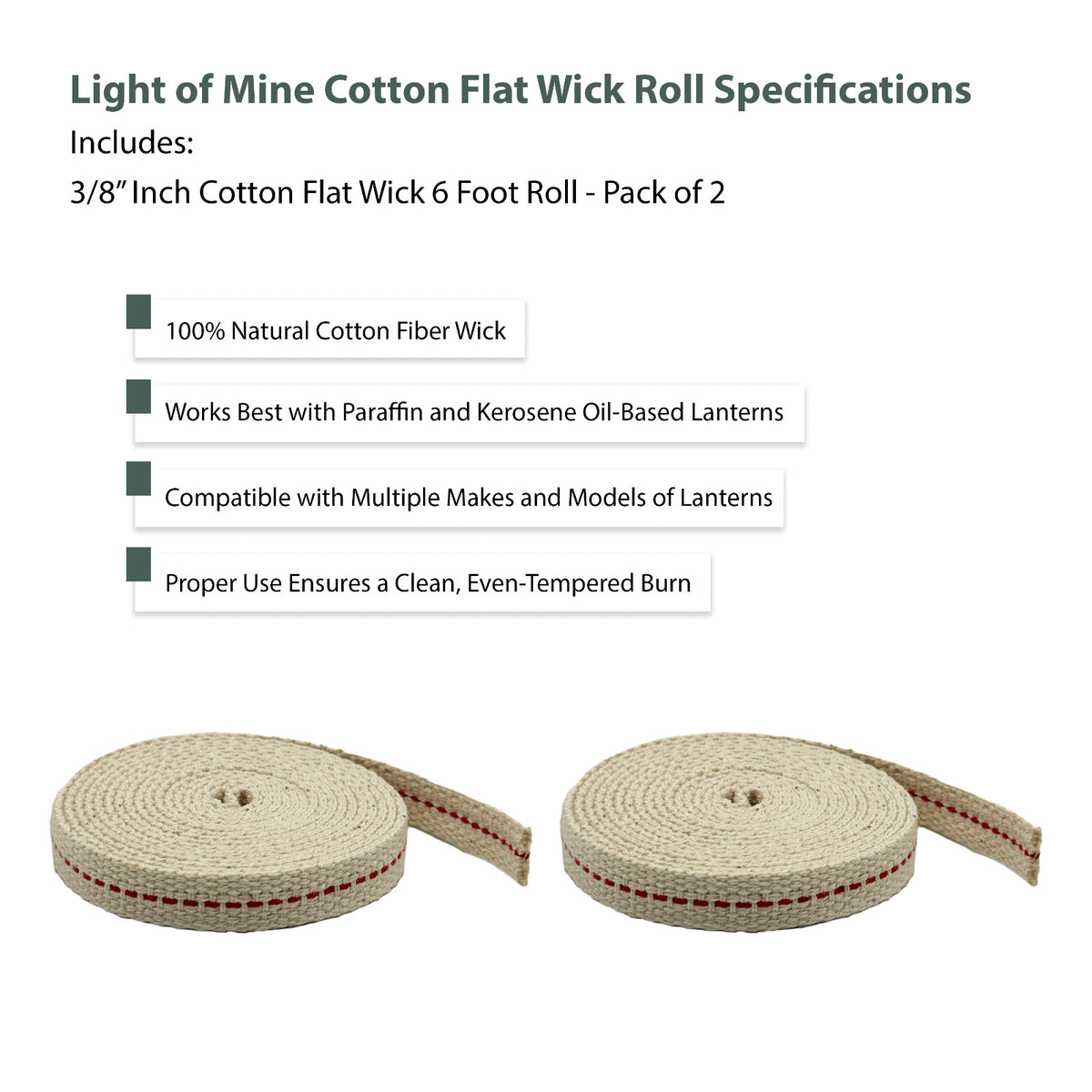 Cotton Wick for Oil Lanterns 3/8 Inch 6 Feet 2 Pack - Indoor Outdoor Use