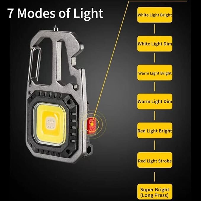Rechargeable COB Keychain Flashlight with 6 Modes, Emergency Tools & Waterproof