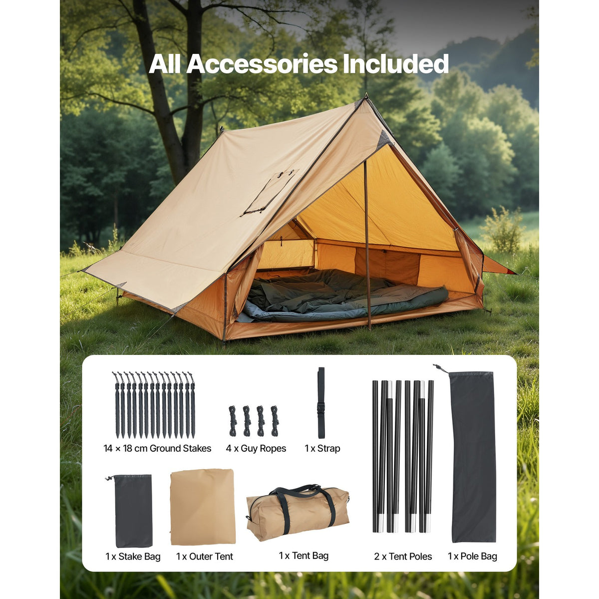 Lightweight 2-Person Camping Tent with Stove Jack and Ground Mat