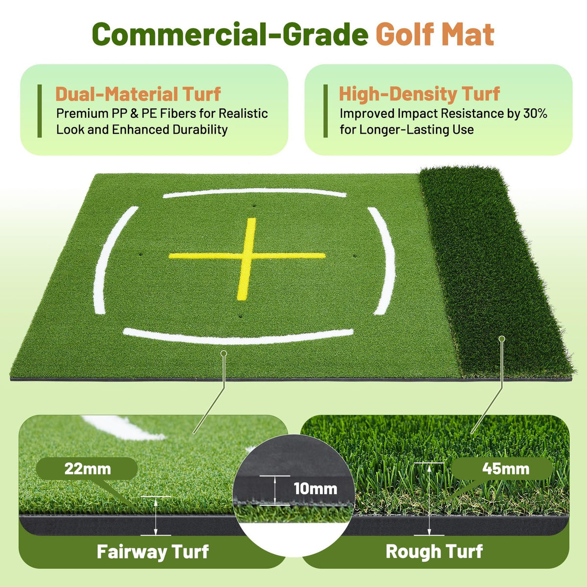 Golf Hitting Mat 5x4ft Dual-Turf Practice Mat with 6 Tees - Indoor Outdoor Training