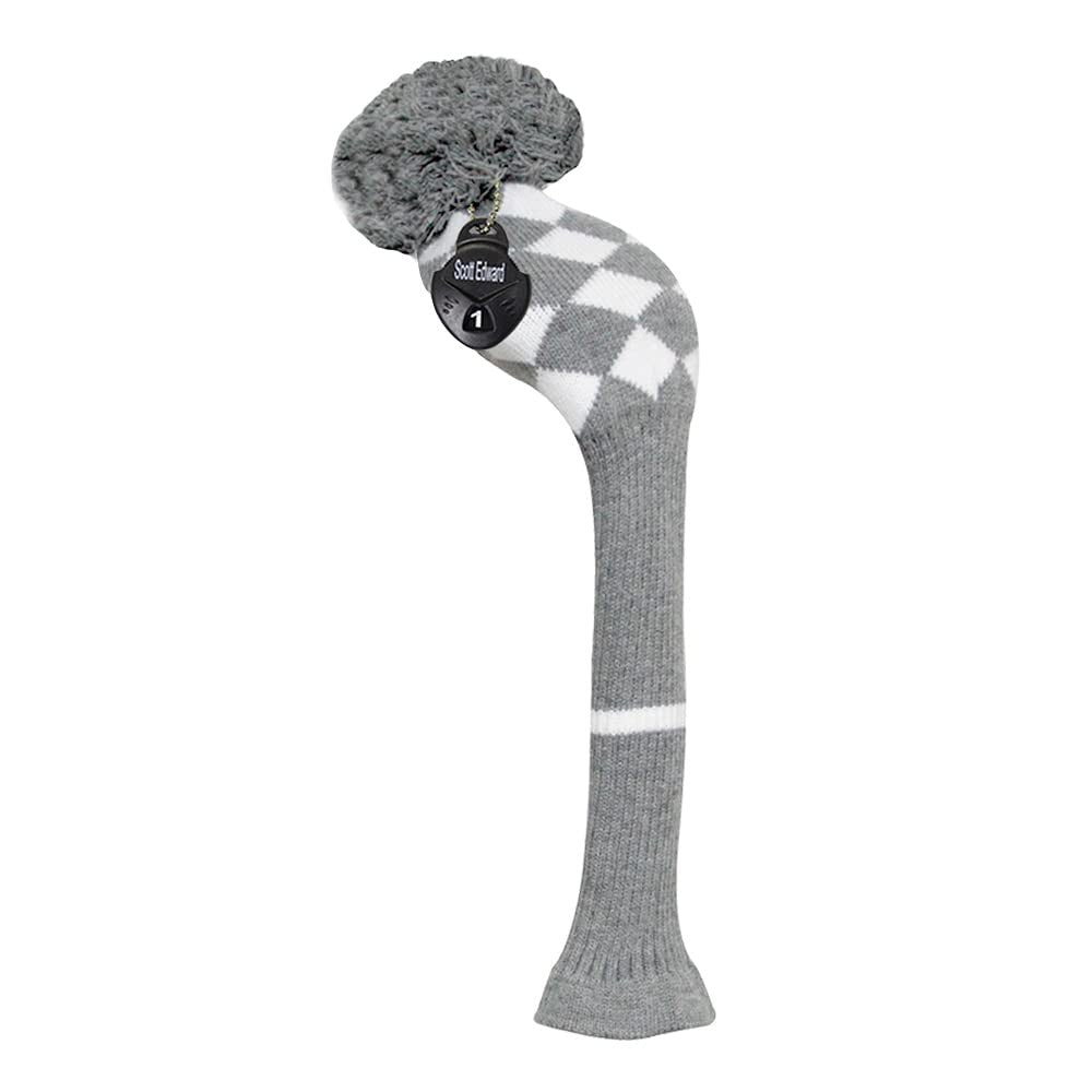Golf Fairway Wood Club Protector Knit Pom Cover Grey White Argyle