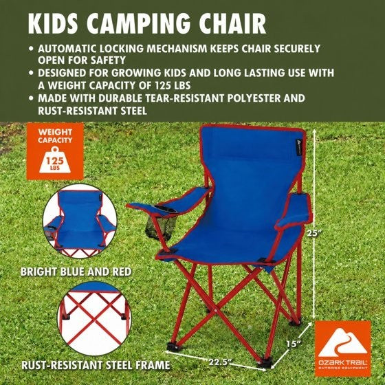 Kids Camping Chair with Cupholder - Blue, Portable Folding Outdoor Seat