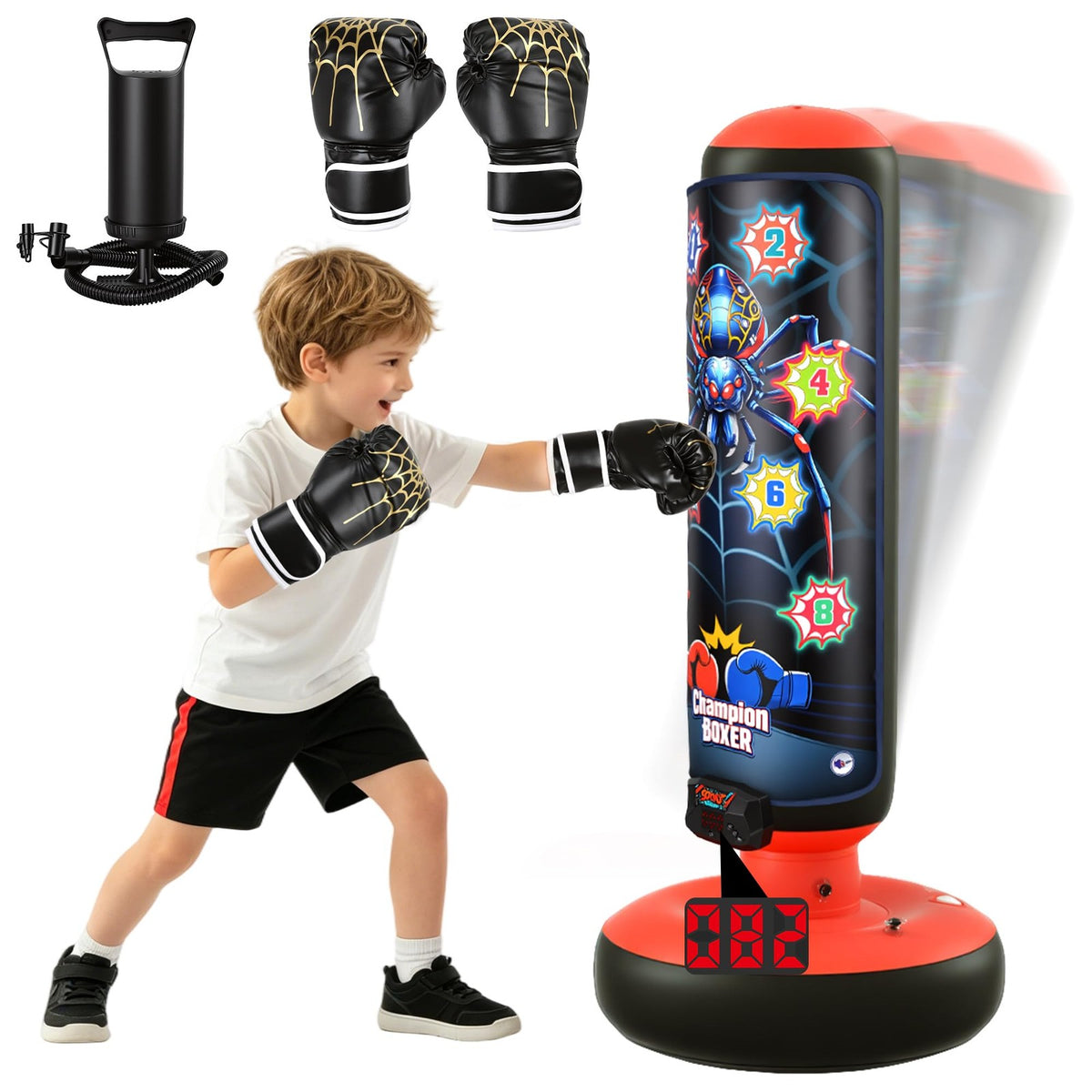 Inflatable Electronic Boxing Bag Set with LED Lights & Gloves for Kids Ages 3-12