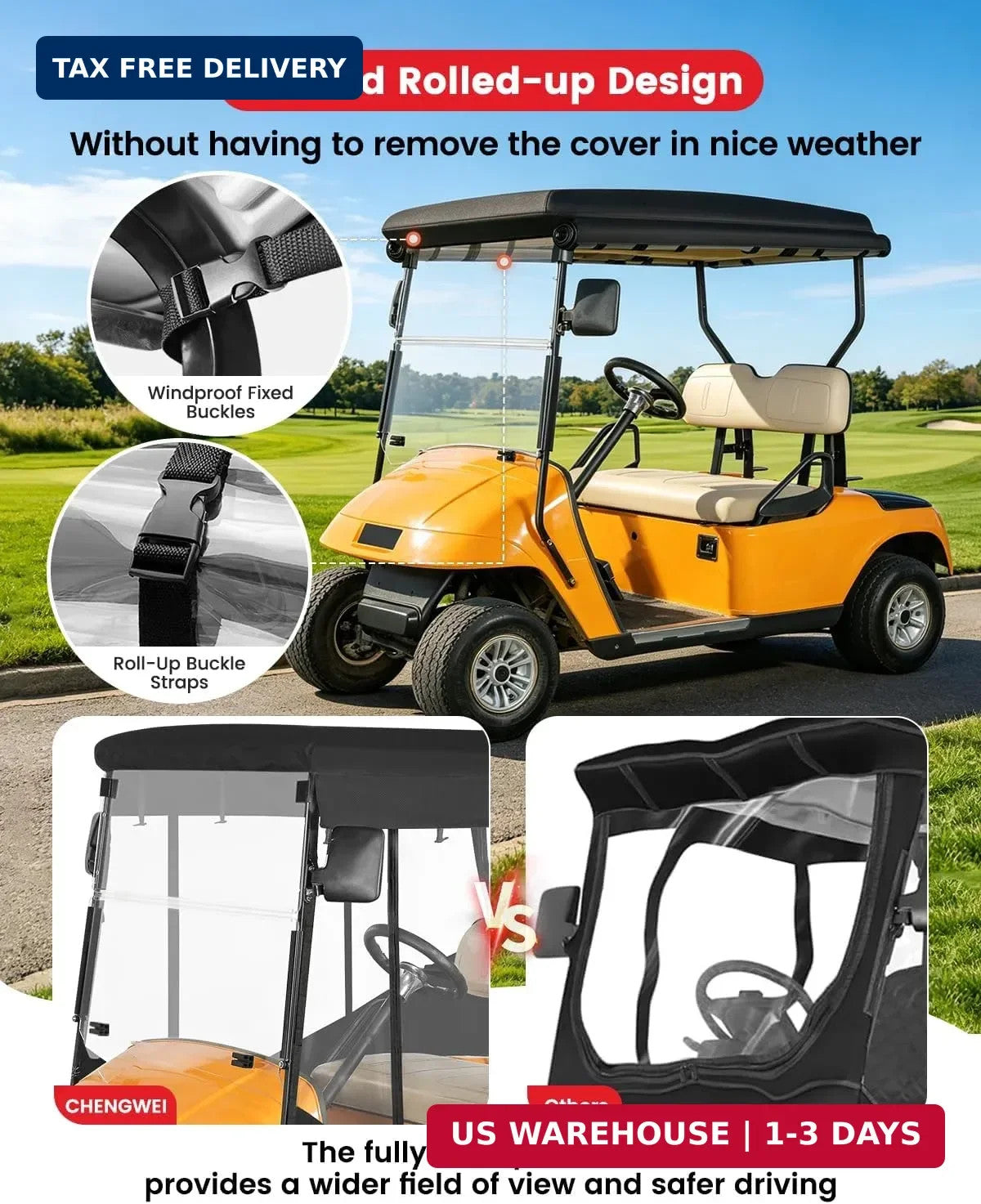 Golf Cart Enclosure for Ezgo TXT 2 Passenger Rain Cover with Clear PVC Windows