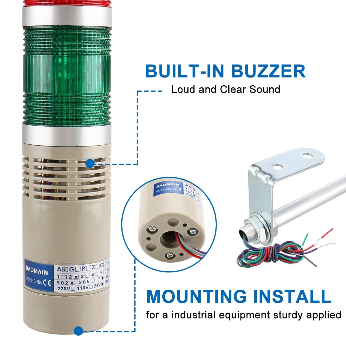 24V DC Industrial Signal Tower Light with Buzzer, Red Yellow Green LED