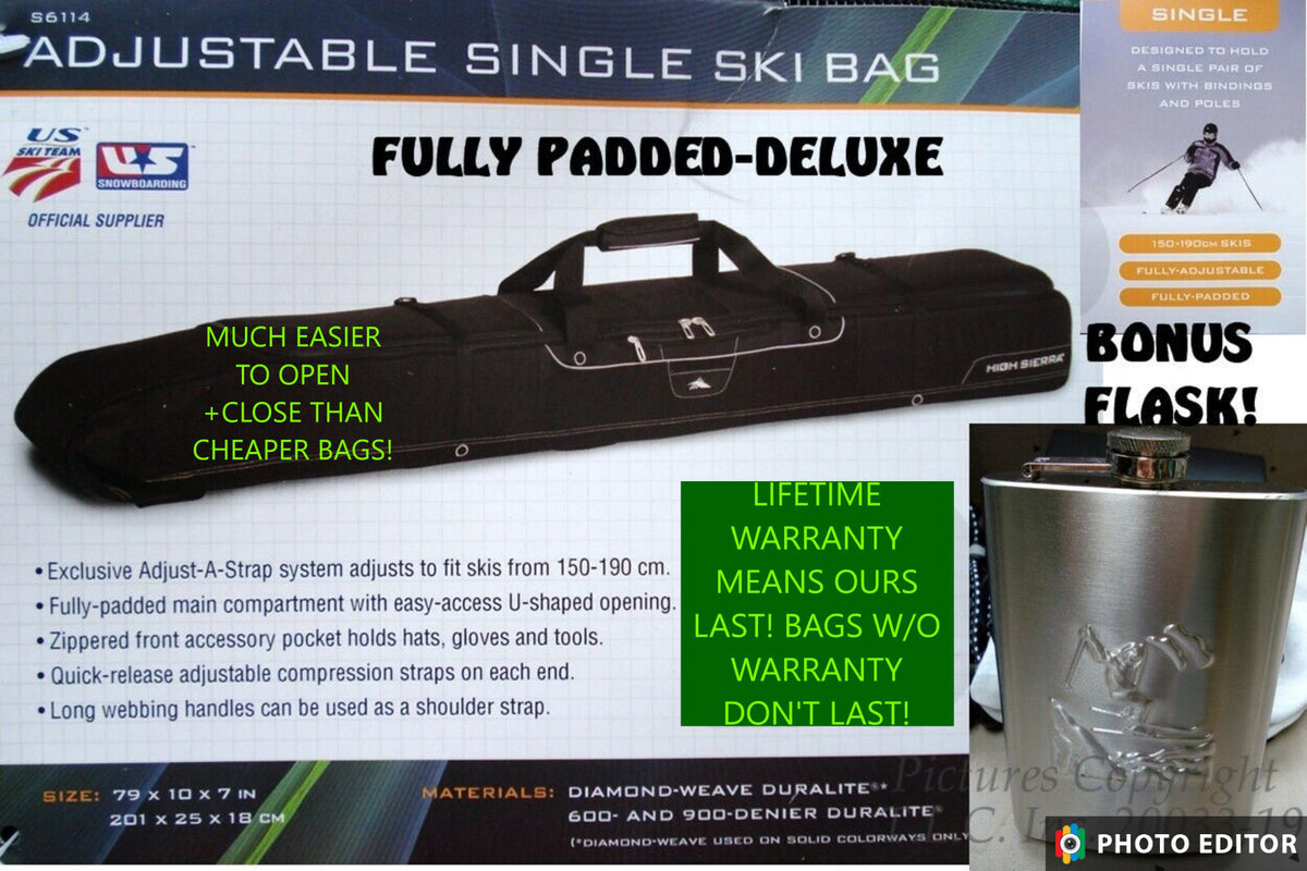 Adjustable Fully Padded Ski Bag for Single Skis - Black