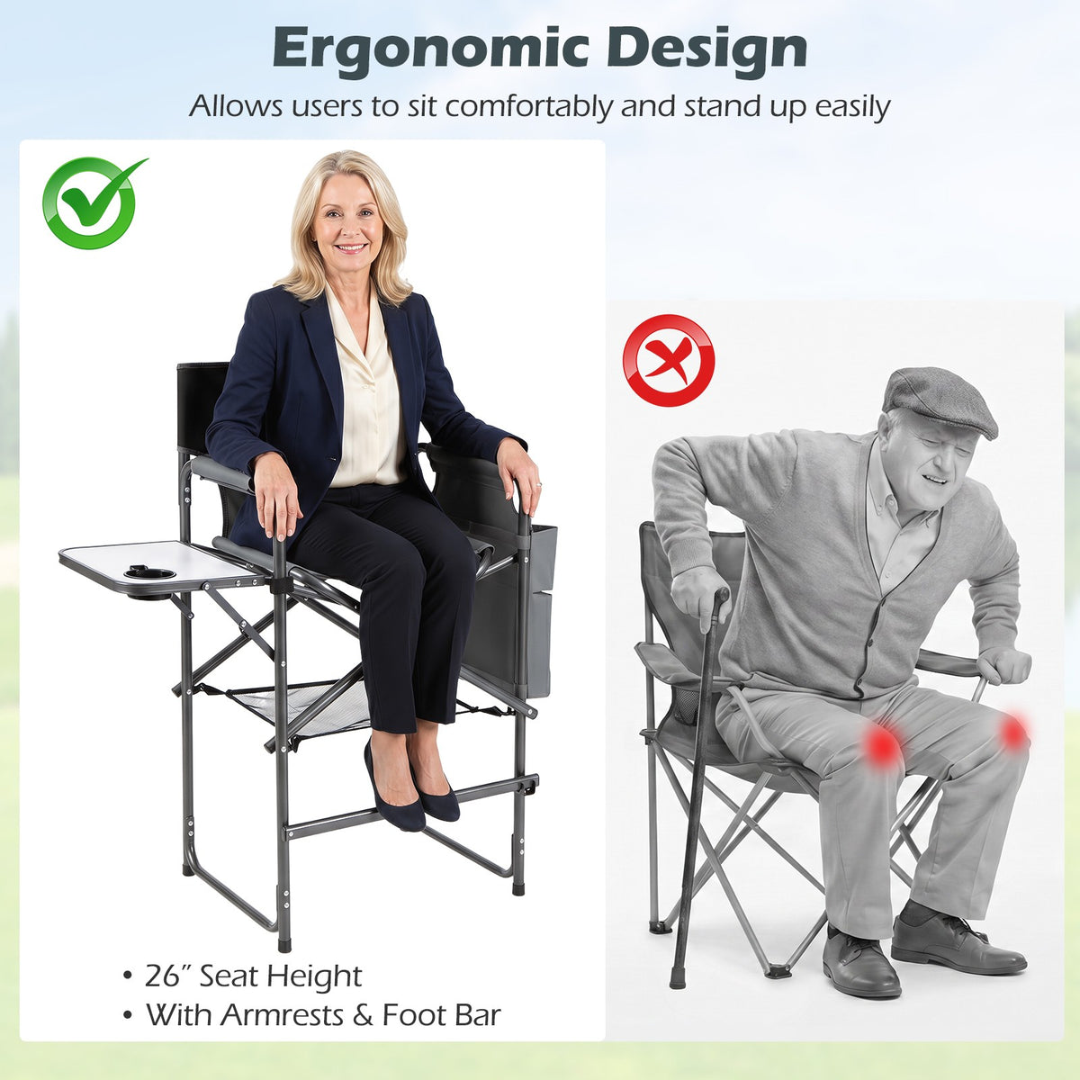 26-Inch Folding Director Chair with Side Table and Cup Holders – Portable Makeup & Styling Chair