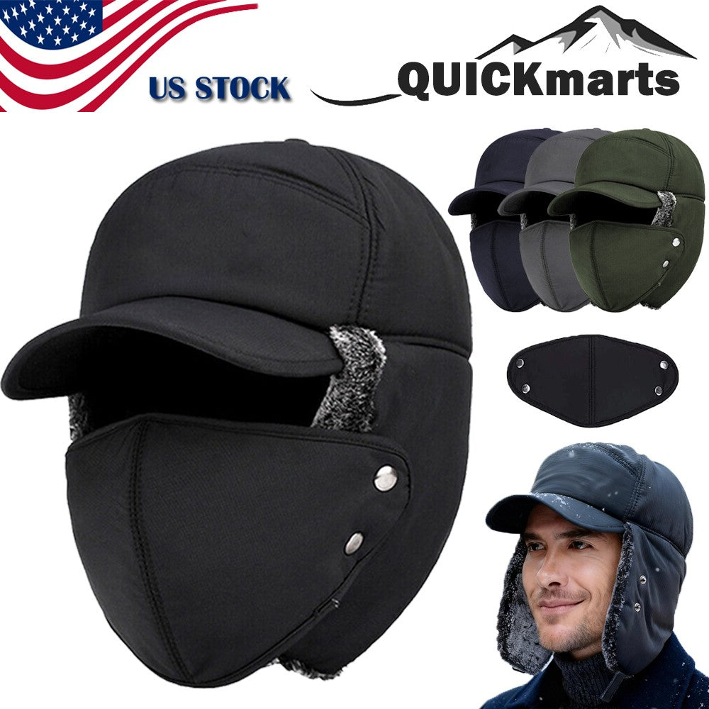 Winter Trapper Hat with Removable Face Mask Windproof Fur Ear Flap Ski Cap