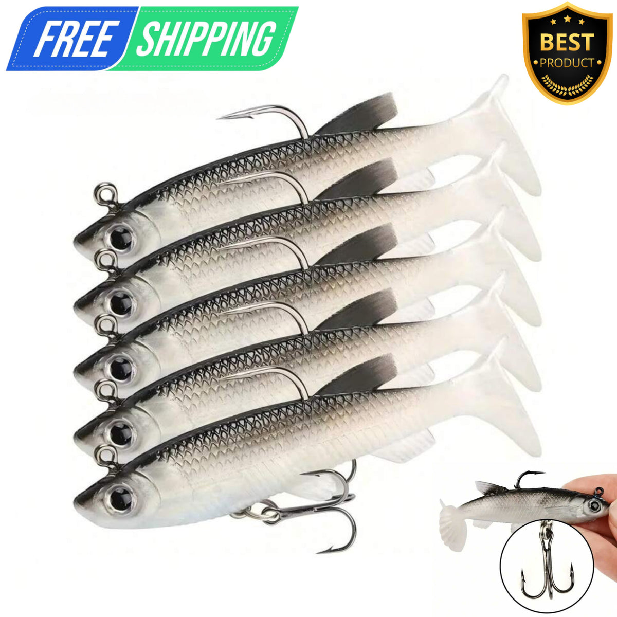 Pre-Rigged Soft Plastic Swimbaits for Freshwater & Saltwater Fishing - Multiple Sizes