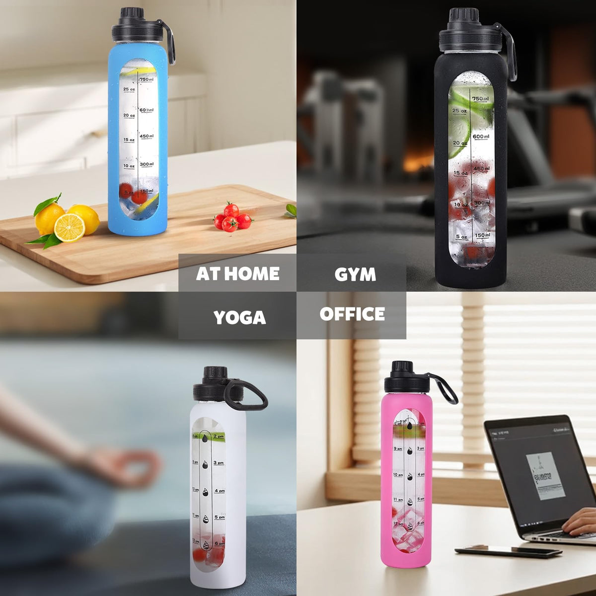 32oz Glass Water Bottle with Silicone Sleeve & Time Marker