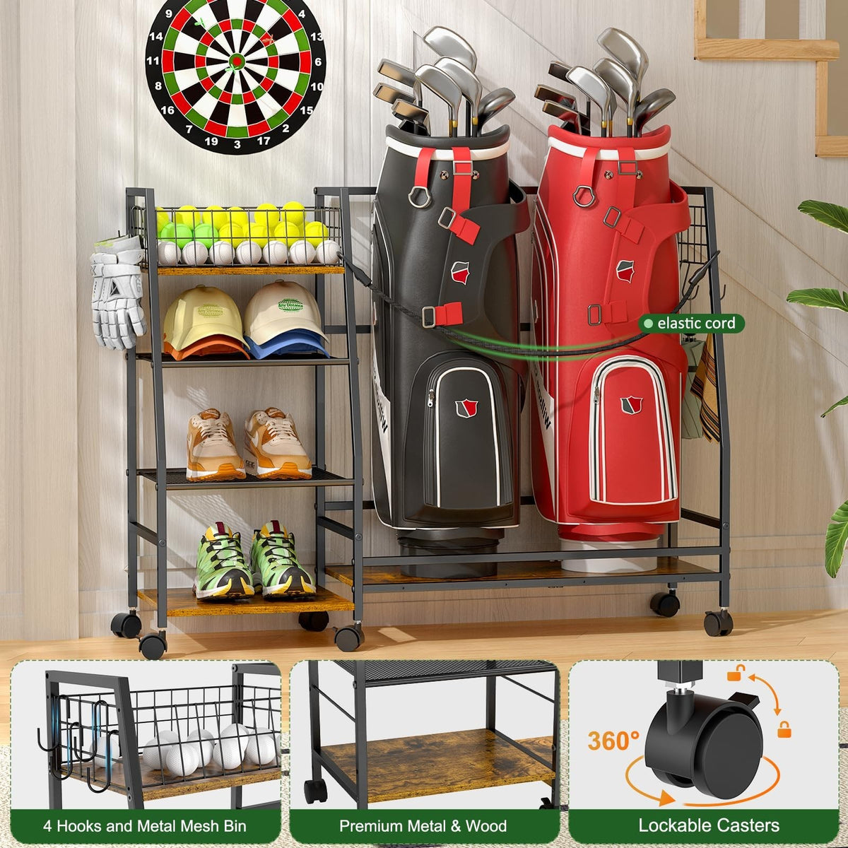 Golf Bag Storage Rack with Wheels - Organizer for Golf Equipment & Accessories