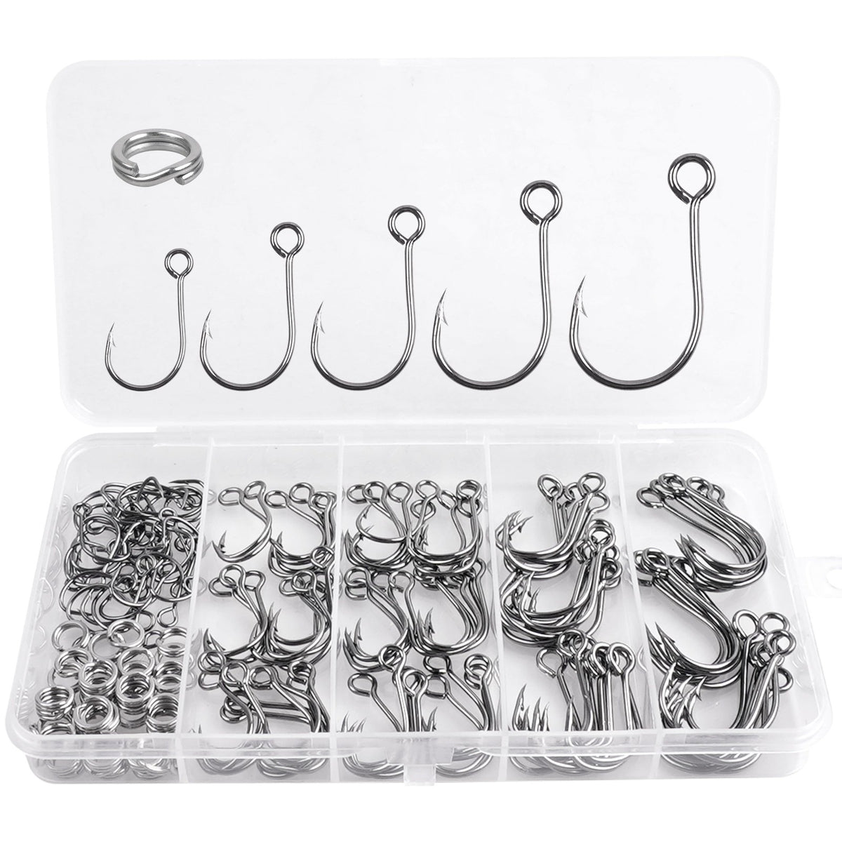 150pcs Inline Fishing Hooks Kit with Split Rings for Saltwater & Freshwater Lures
