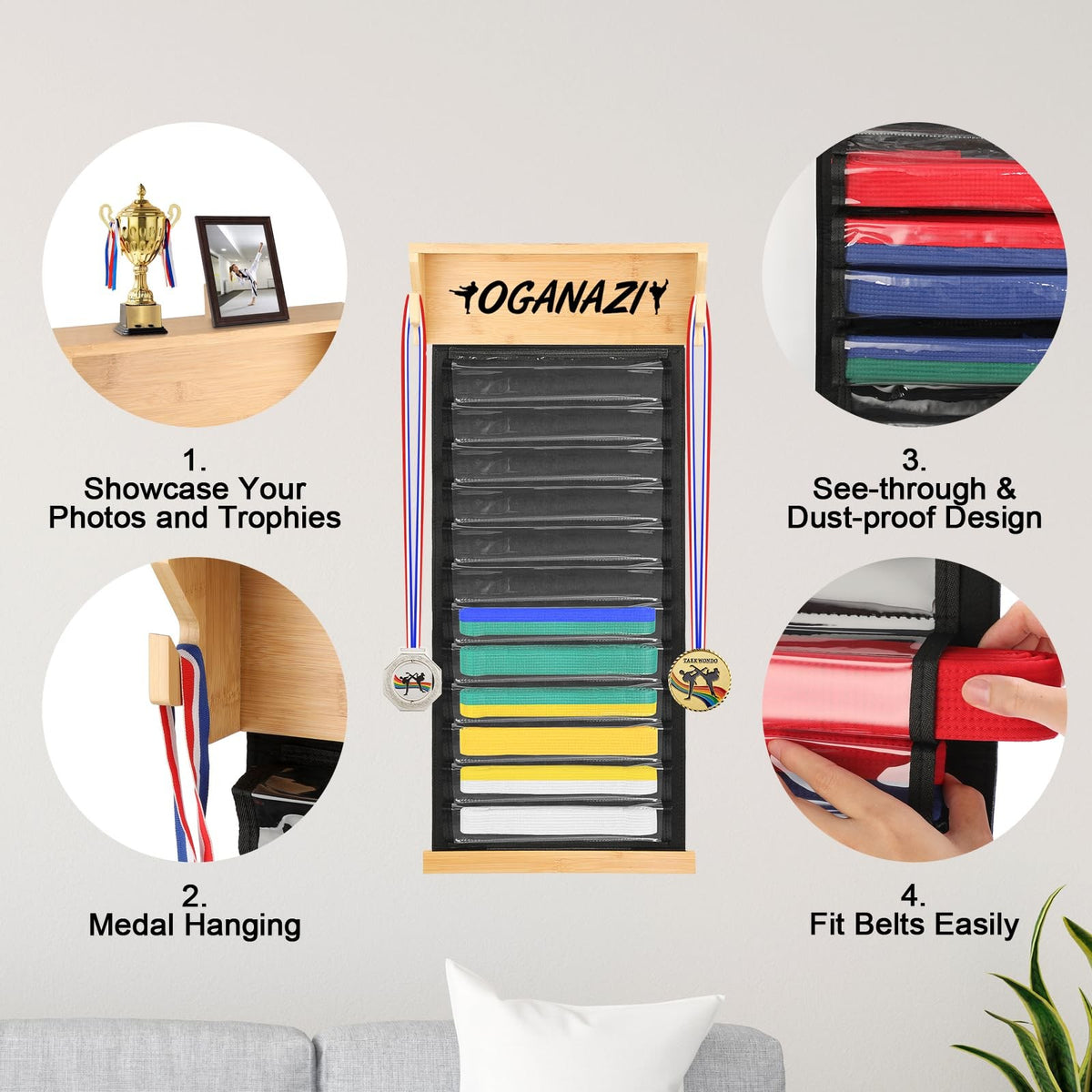 Martial Arts Belt Display Rack for Karate & Taekwondo Belts Wall Mount 12 Belts