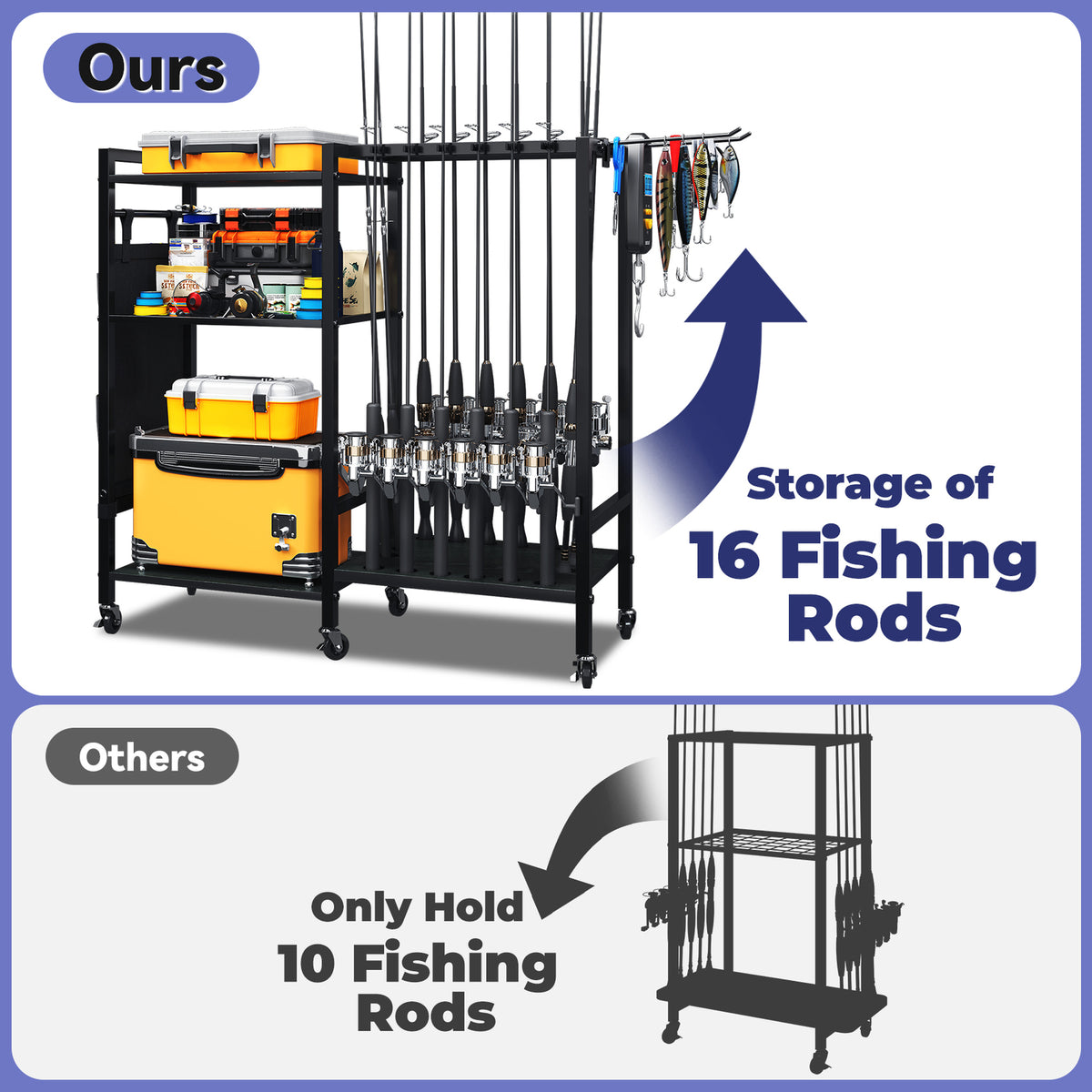 16-Rod Fishing Rod Holder Rack with Tackle Storage and Wheels
