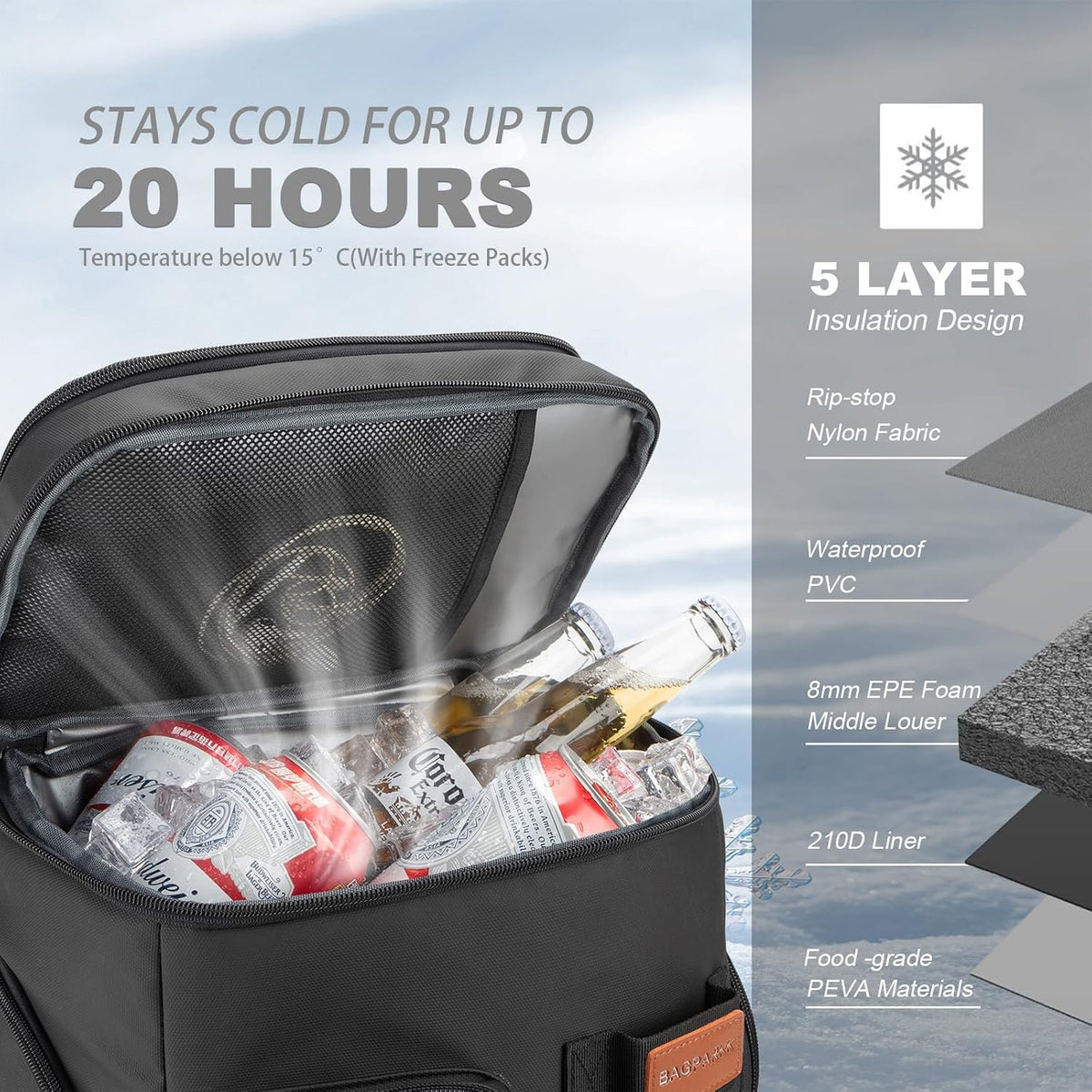Insulated Leakproof Cooler Backpack 33/45 Cans with Double Deck, 30L