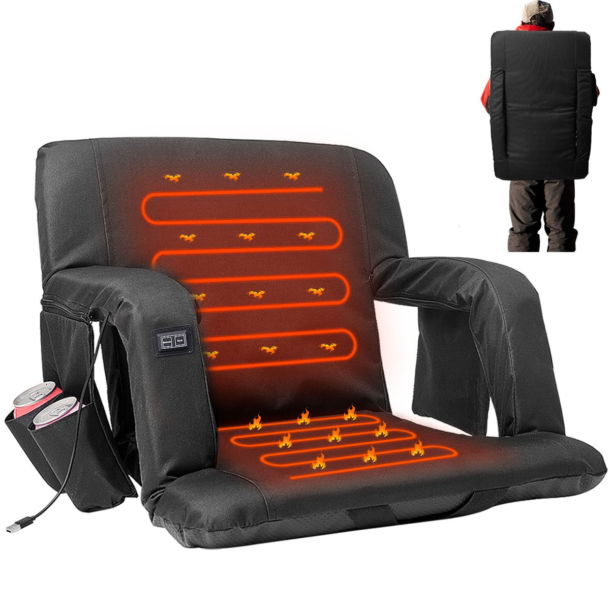 Heated Stadium Seat with Back Support - Adjustable Bleacher Chair, Waterproof 600D Oxford