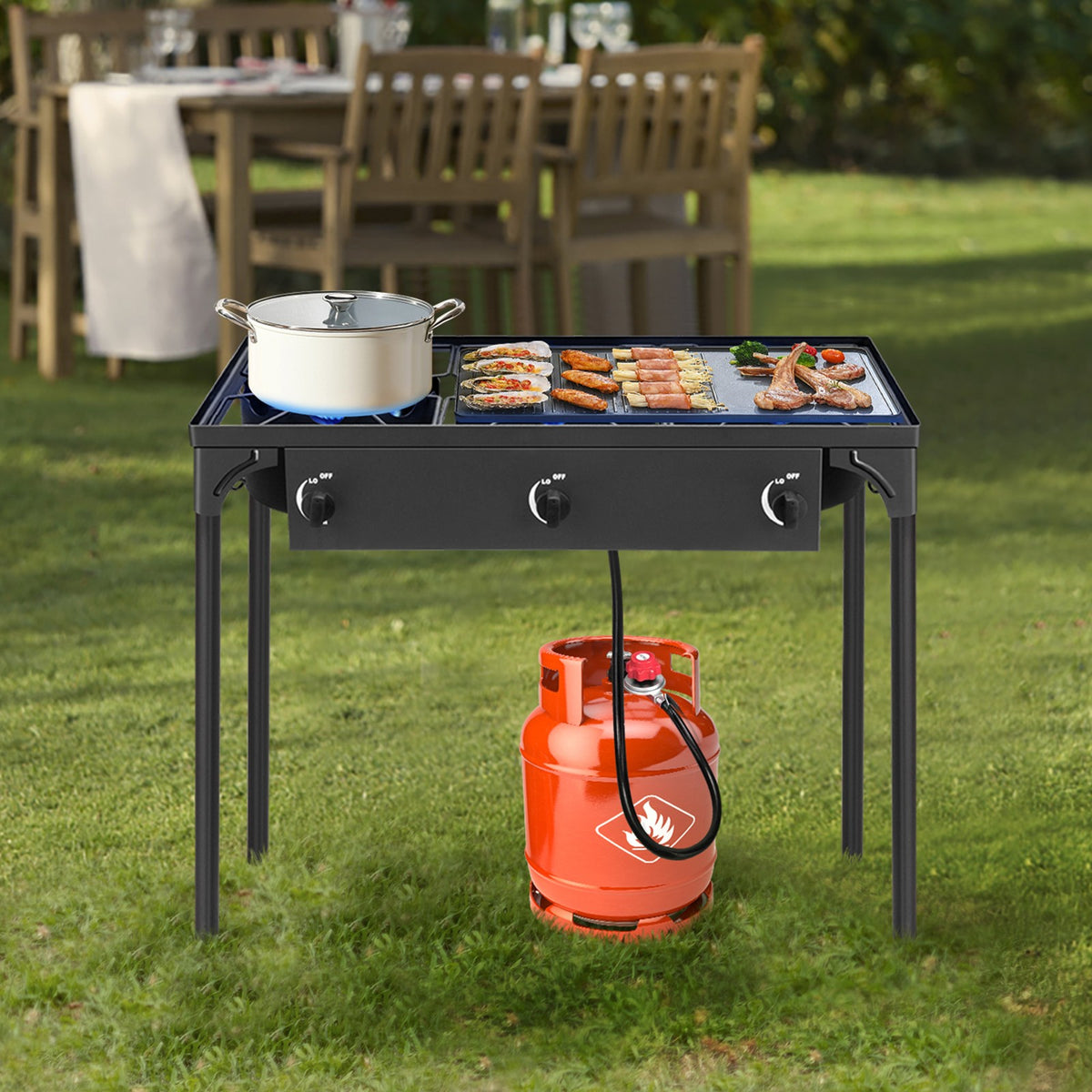 Portable 225,000 BTU 3 Burner Camping Gas Stove Outdoor Cooktop with Windshield