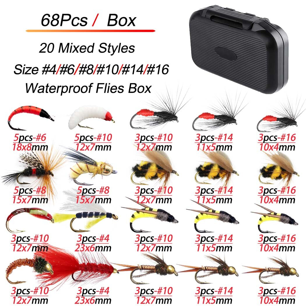 Wet Dry Nymph Fly Fishing Lure Set for Trout & Panfish - Multiple Sizes & Styles