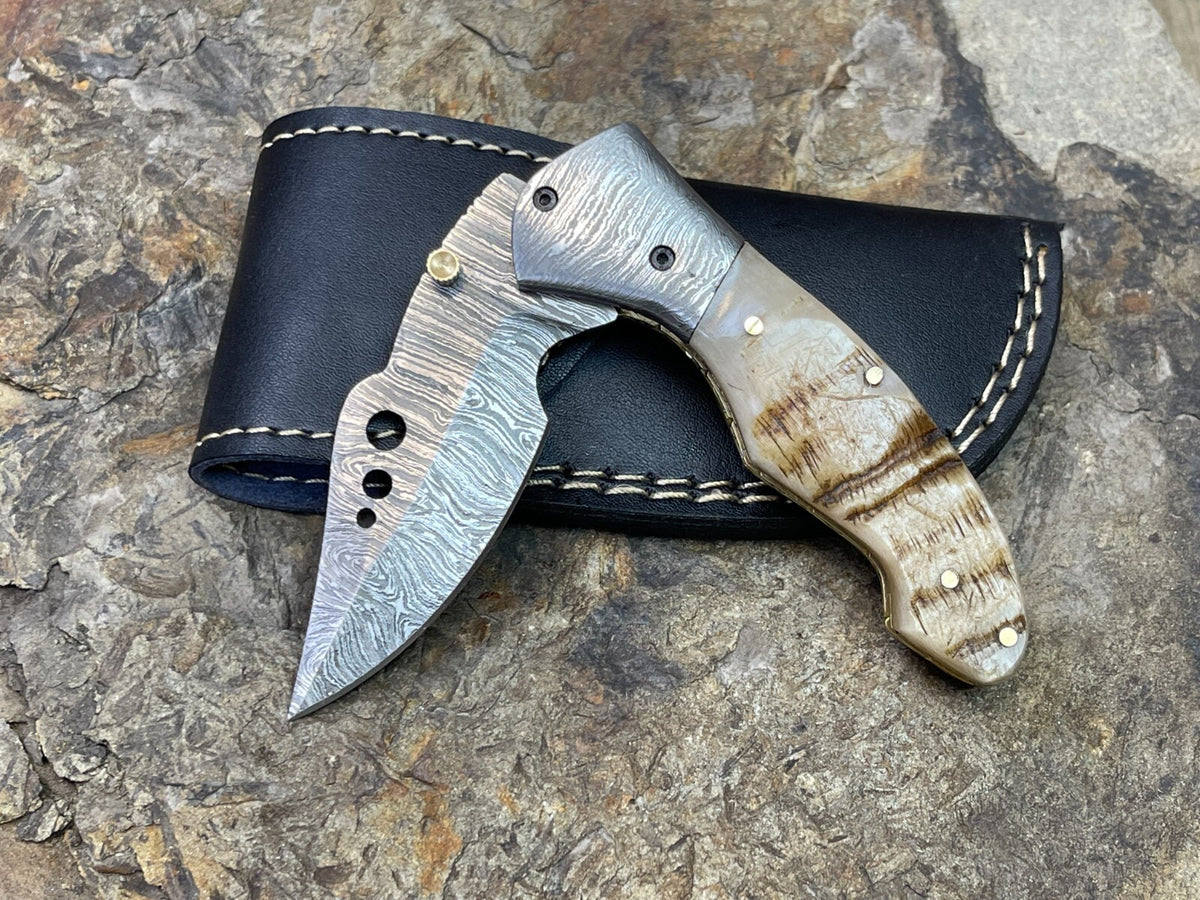 Handmade Damascus Folding Knife with Multiple Color Variants