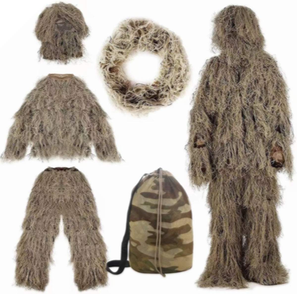Camouflage Ghillie Suit for Hunting and Birdwatching - Tan 5-in-1