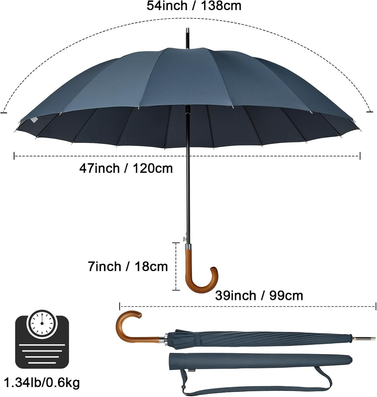 Large Windproof Umbrella 54 Inch with Wooden J Handle and Auto Open