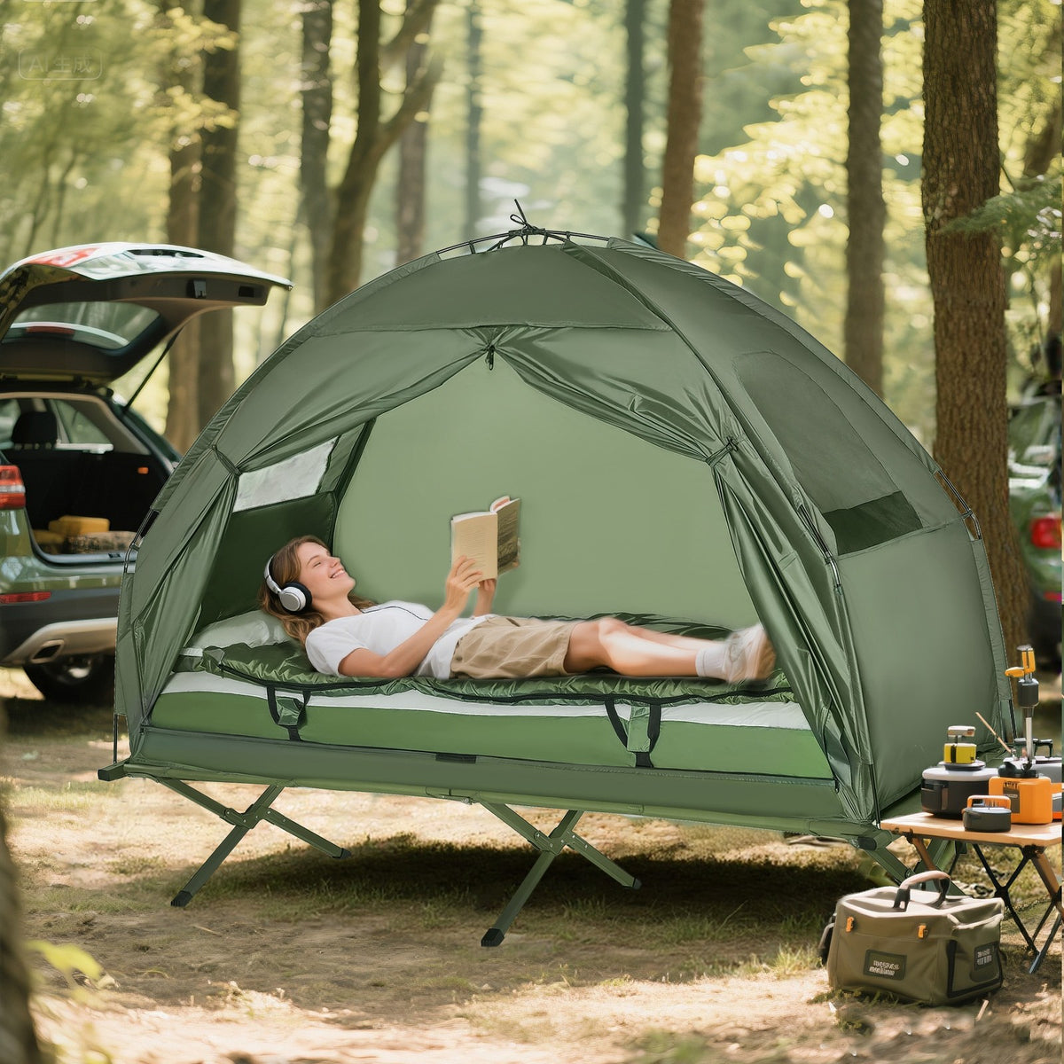 Outdoor Camping Tent Cot with Air Mattress and Sleeping Bag - Portable, Elevated Bed Set