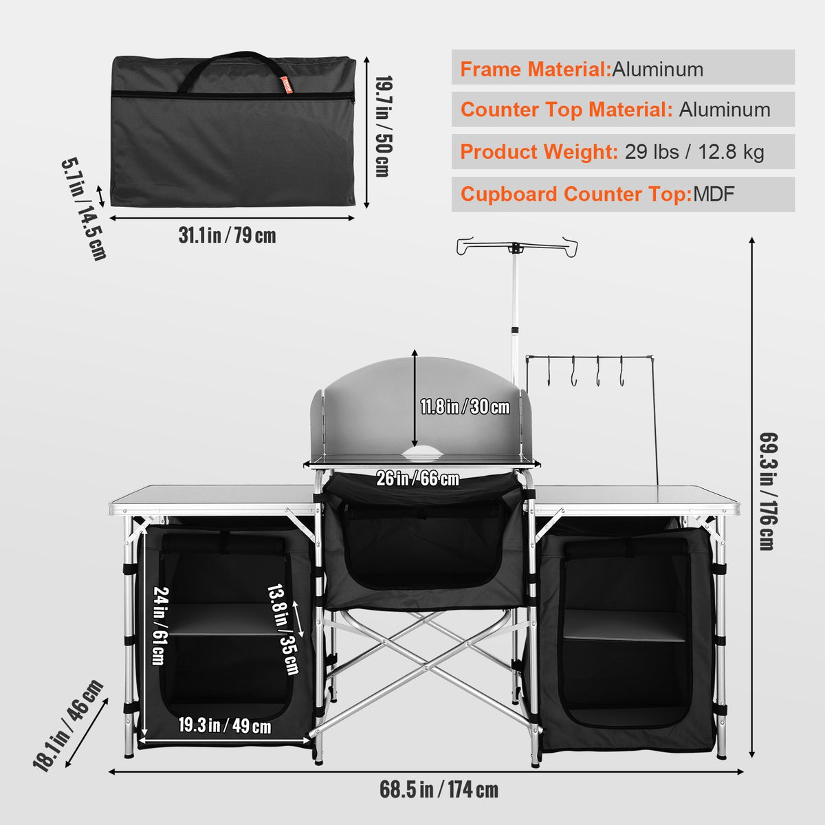 Folding Camping Kitchen Table with 3 Cupboards - Portable Outdoor Cook Station