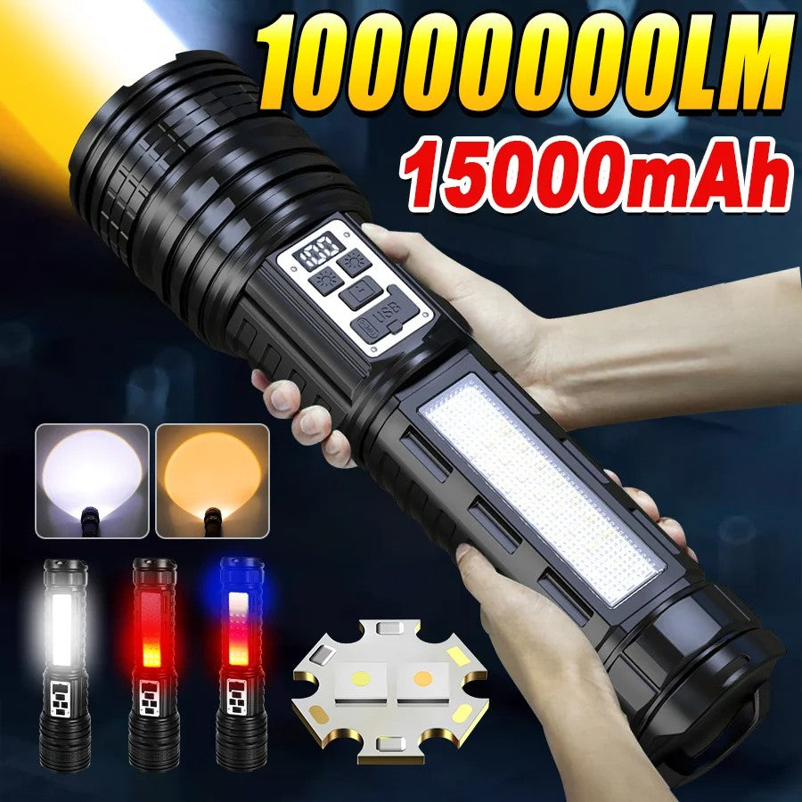 High-Power LED Flashlight with Long Range Zoom, COB Side Light & 15000mAh Battery