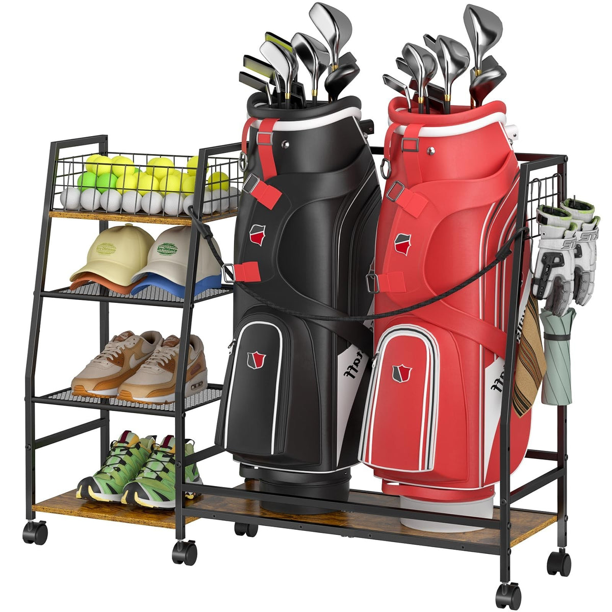 Golf Bag Storage Rack with Wheels - Organizer for Golf Equipment & Accessories