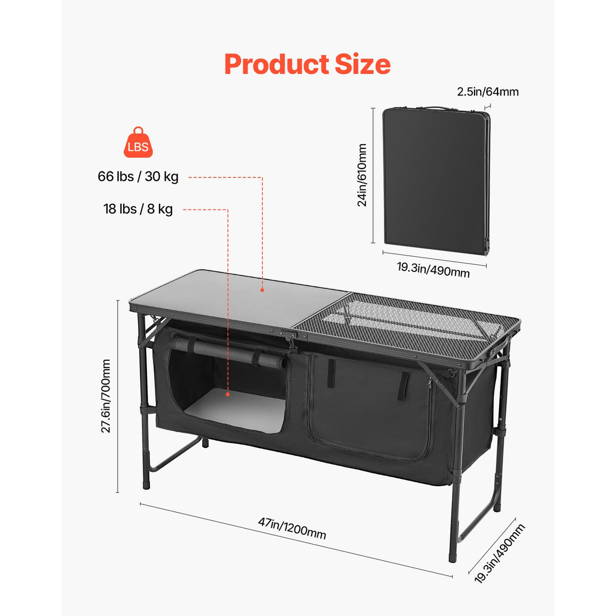Portable Camping Kitchen Table with Adjustable Height and Storage